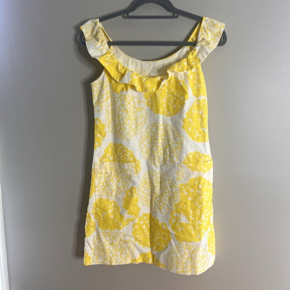 Loeffler Randall Size 2 Floral Linen Yellow Ruffle Off The Shoulder Mini Dress